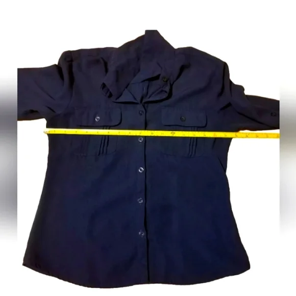 Laura Scott Navy Blue 3/4 Chiffon Sleeve Buttoned Blouse Career Office Casual PS - Picture 7 of 8